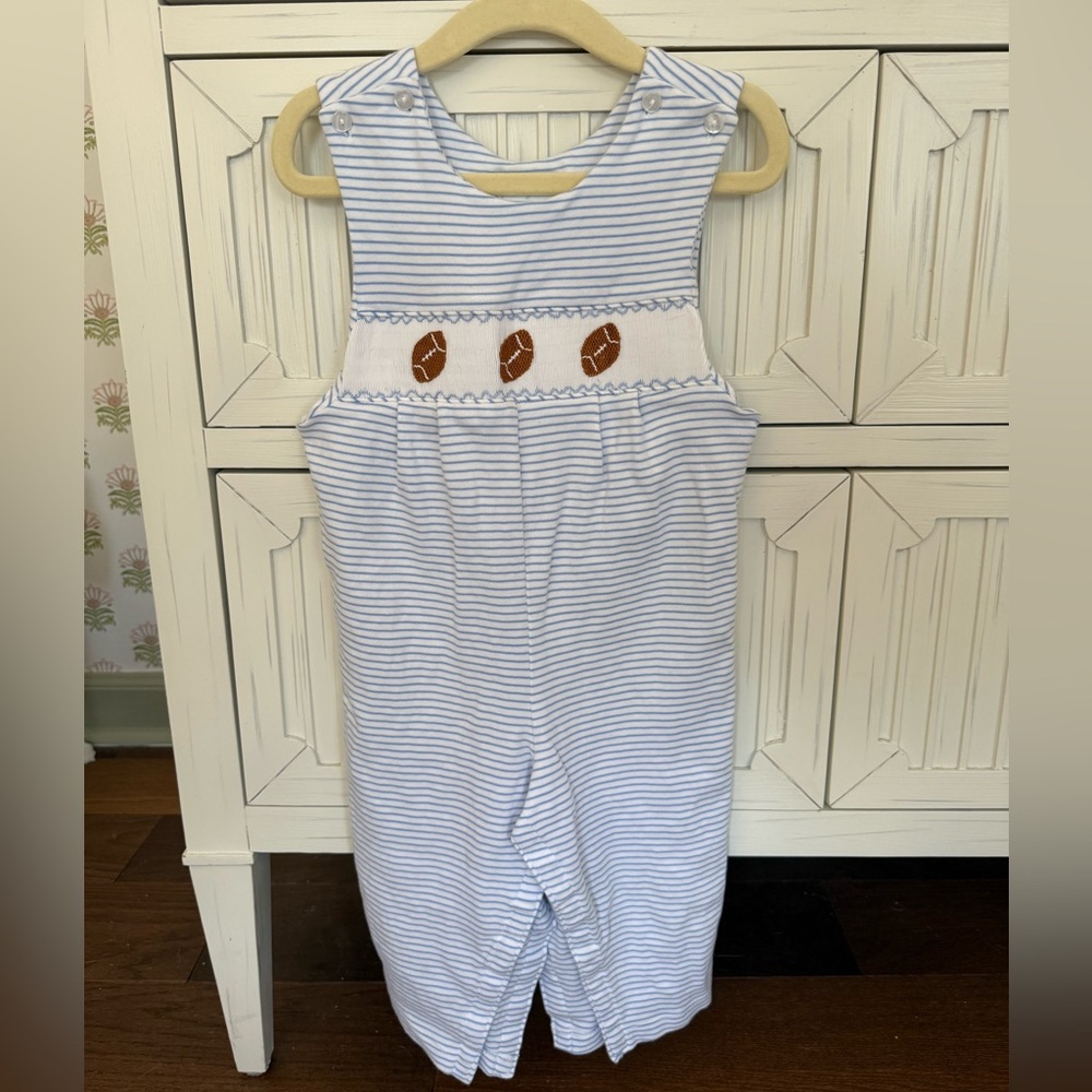 Petit Bebe Light blue football smocked knit stripe long Jon Jon size 2T